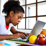 **Image:** A student intensely focused, surrounded by diverse learning materials like books, online courses on a laptop, colorful mind maps, and study group notes. Emphasis on a healthy lifestyle with fruits, a water bottle, and exercise equipment subtly in the background. The scene should convey a motivated and organized study environment.