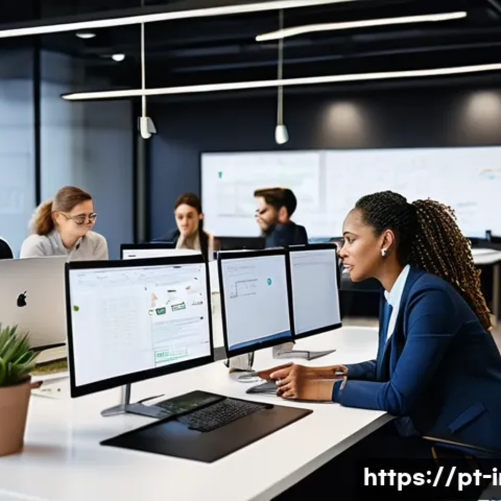 정보처리기사 취득 후 이직 성공 사례 - **Prompt:** A dynamic, wide-angle shot of a bustling, modern tech office environment. Diverse profes...