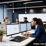 정보처리기사 취득 후 이직 성공 사례 - **Prompt:** A dynamic, wide-angle shot of a bustling, modern tech office environment. Diverse profes...