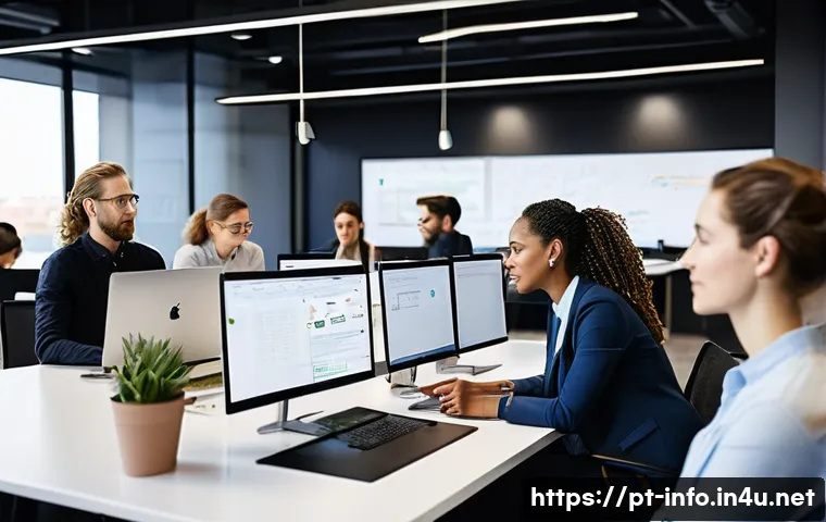 정보처리기사 취득 후 이직 성공 사례 - **Prompt:** A dynamic, wide-angle shot of a bustling, modern tech office environment. Diverse profes...