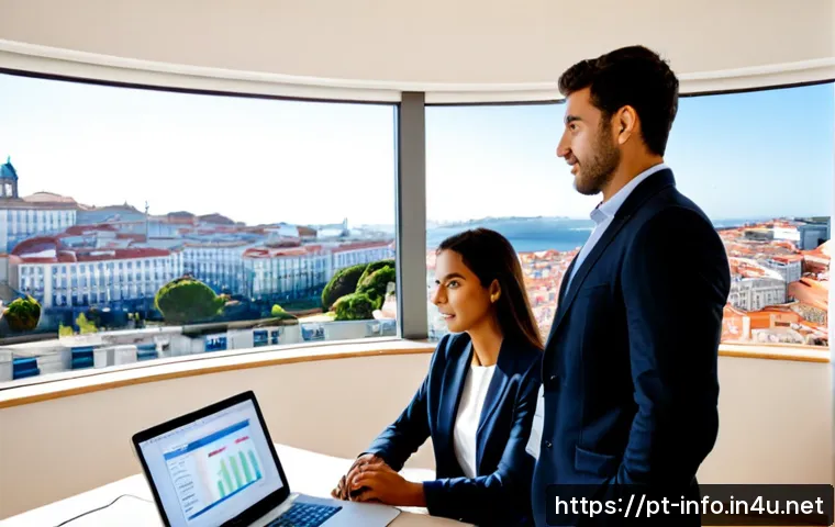 Home 17 정보처리기사 취득 후 커리어 개발 성공 사례 - Photorealistic career success scene in Portugal: a confident young Portuguese IT professional in sma...
